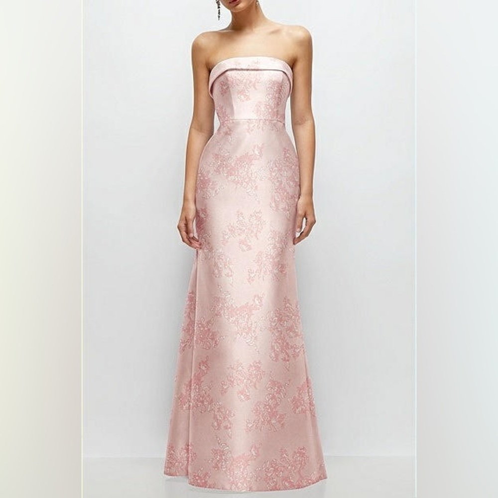 Alfred Sung Pink Floral Strapless Formal Gown